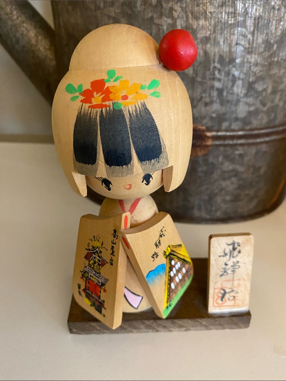 Hand-Painted Vintage Japanese Kokeshi Dolls - Natural Wood & Red Accents - Picture 2 of 7